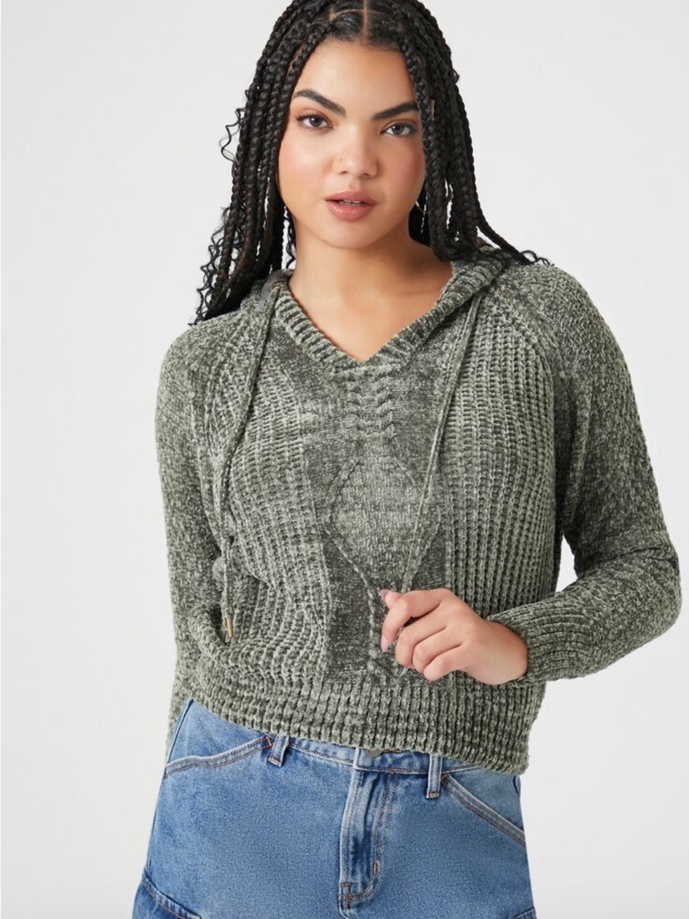 NEW Forever 21 Chenille Knit Hooded Pullover Sweater - Olive Green